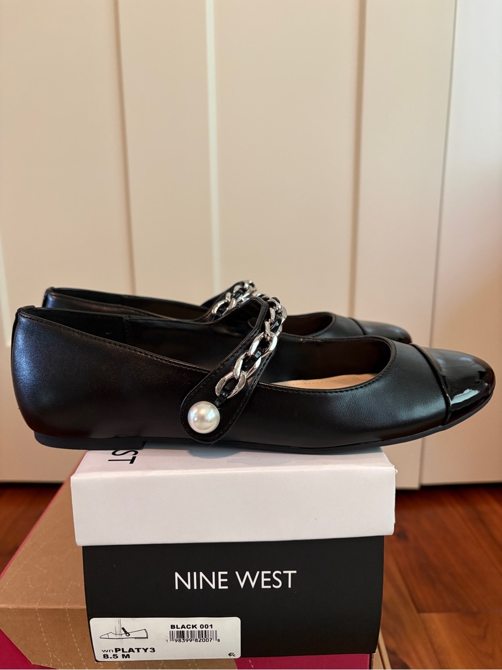 Nine West Platy3 Black Chain-Accent Mary Jane Flats